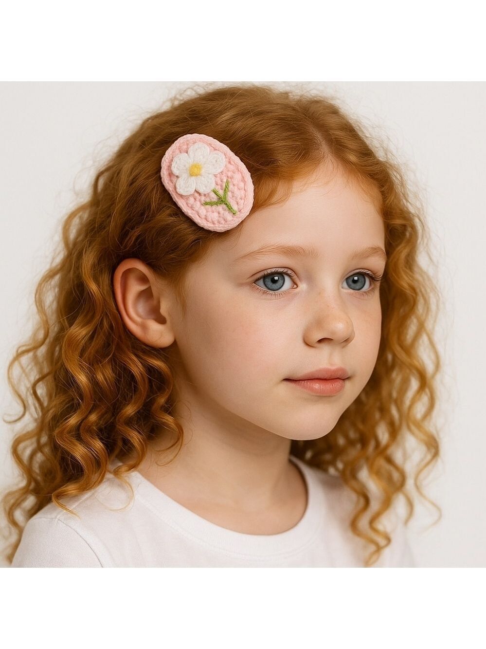 Hand Crafted Crochet Snap Hair Clip Pink White Flower Handmade Embroidery